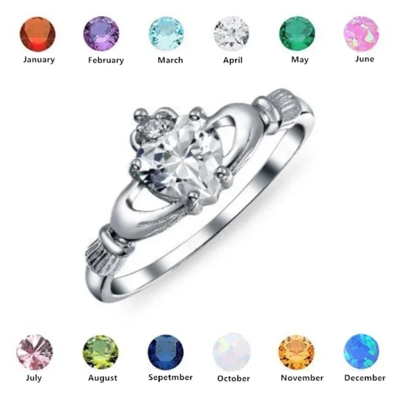 Love Heart Ring Birthstone Silver Plated Irish Claddagh Wedding Engagement Rings for Women finger ring,silver ring,wedding rings,sparkling heart ring,wedding ring