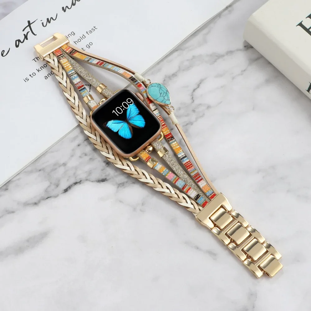 Leather Strap for Apple Watch band 45mm 41mm 44mm 40mm 42mm 38mm 49mm Jewelry Metal Wristband iWatch Series Ultra 9 8 7 6 5 3 SE