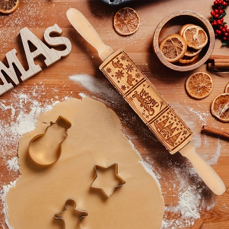 

For Baking Cookies Christmas Pattern Xmas Embossing Rolling Pin Merry Christmas Rolling Pin 3D Engraved Embossing Rolling Pin