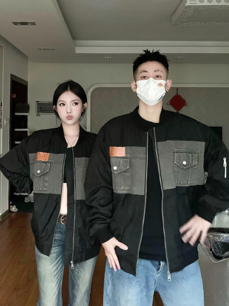 미국 스타일 루즈핏 야구 점퍼 남성용 봄 가을 데님 패치워크 젊은 커플 아우터 긴팔 지퍼