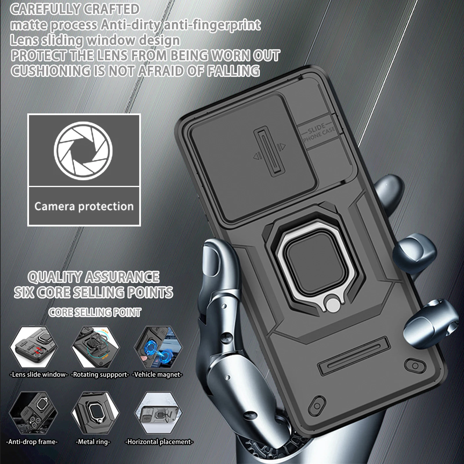Slide Lens Armor Phone Case with Magnetic Holder - Durable Back Cover