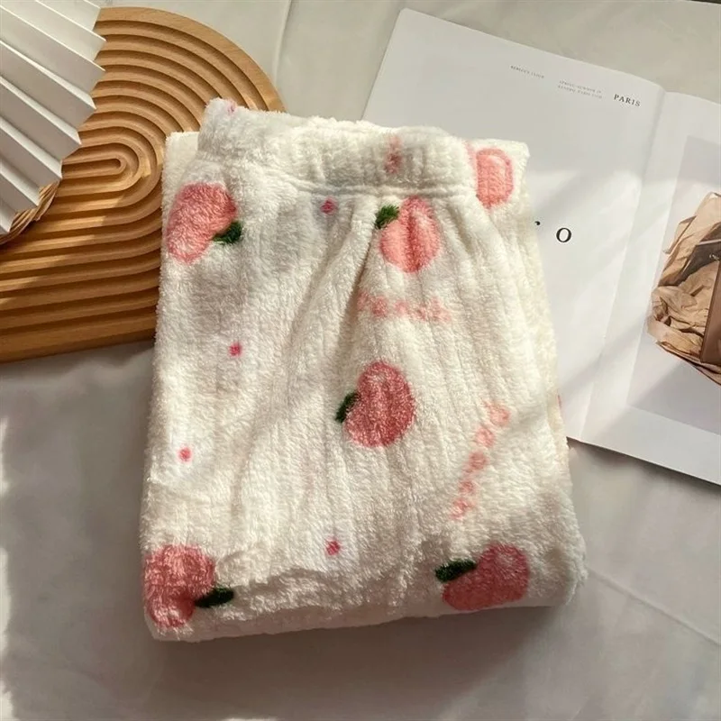 Autumn and Winter Women's New Pajama Pants Girls Student Sleeping Pants Warm Pants Coral Fleece Pants Thickened Warm Casual Home