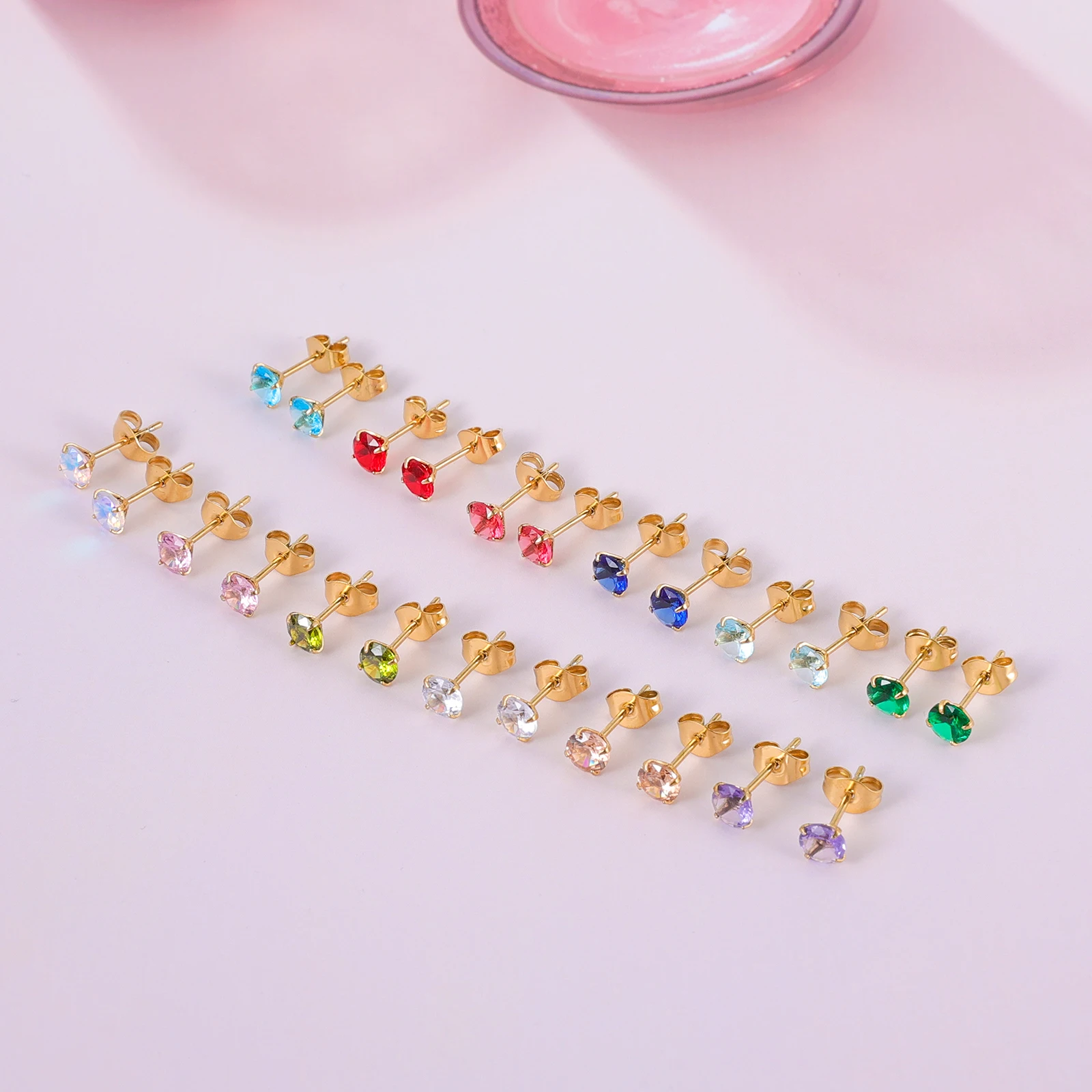 12 Paires De Boucles D'oreilles Pierre De Naissance - Cœur Zircone, Acier Inoxydable Hypoallergénique, Fermoir à Vis