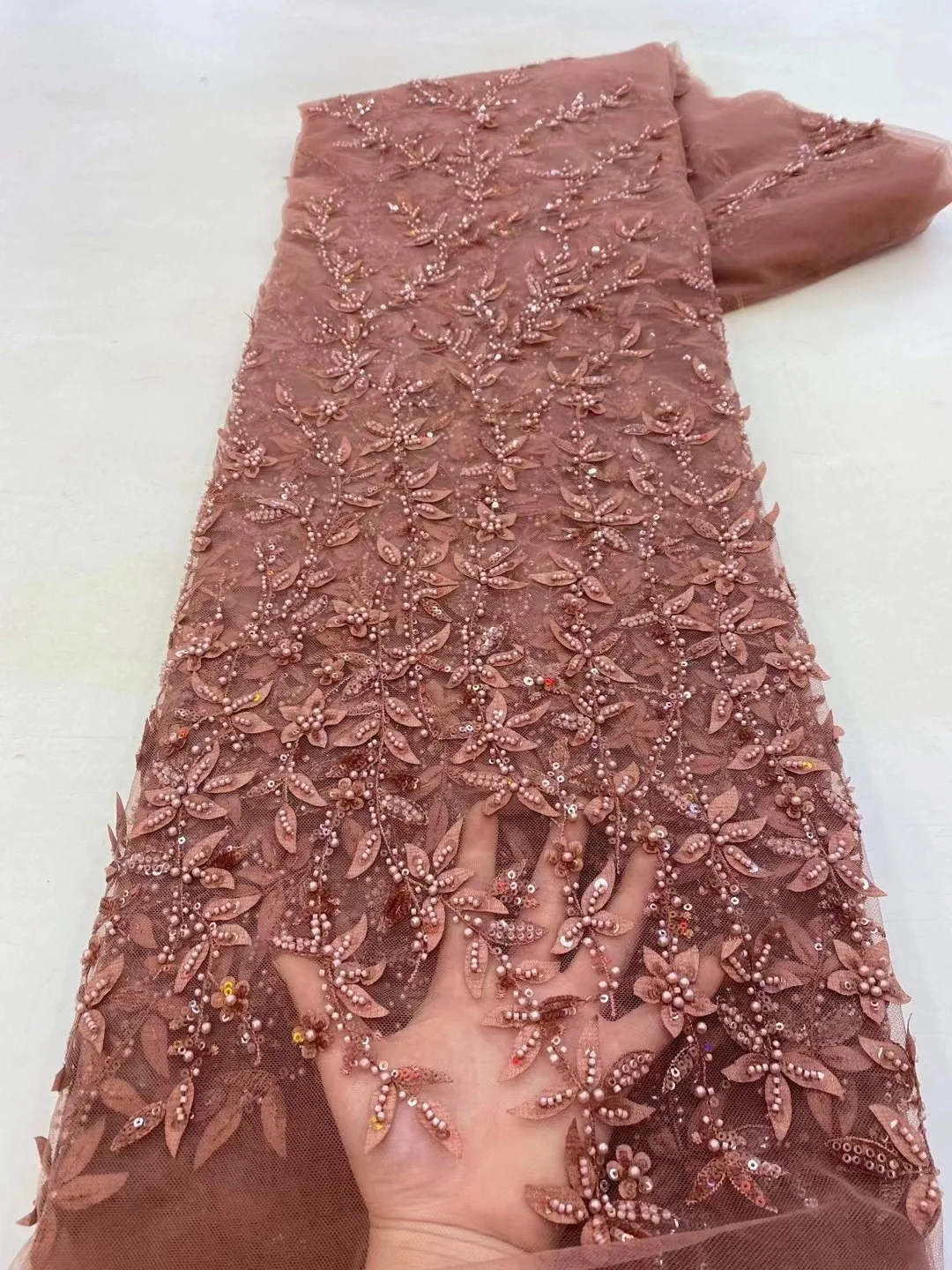 

2023 Nigerian Tulle Lace Fabric with High Quality Heavy Beads and Sequins, African Embroidered Wedding Dress Fabric