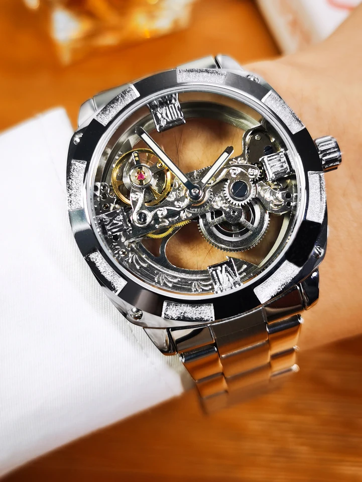 FORSINING moda uomo Auto orologio meccanico marrone cinturino in pelle di lusso