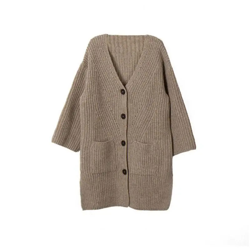 아이들 소녀용 롱 니트 가디건 2025 신상 가을 겨울 면 스웨터 프린세스 라이트 카키 브이넥 재킷 코트