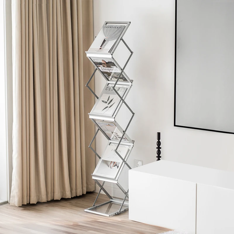 A4 Aluminum Foldable Display Stand Vintage Magazine Rack Floor Standing Literature Exhibition Organizer Office Furniture FYMR