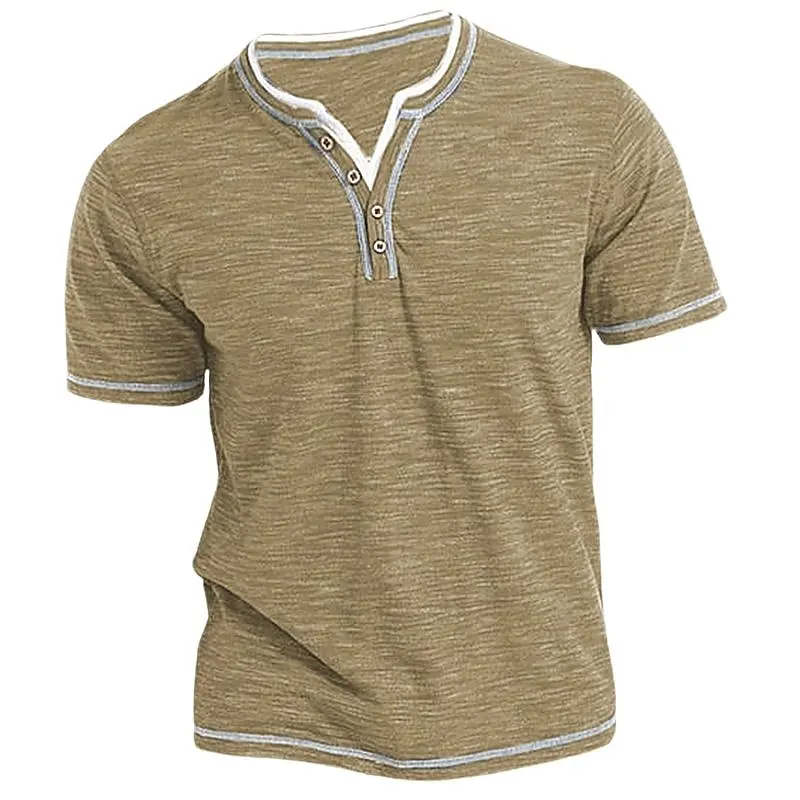 Men's Plain Henley Shirt Round Neck T-shirt Summer Comfortable Cotton Fashion Short Sleeve Casual Street Wear Sports Top Basic image_2