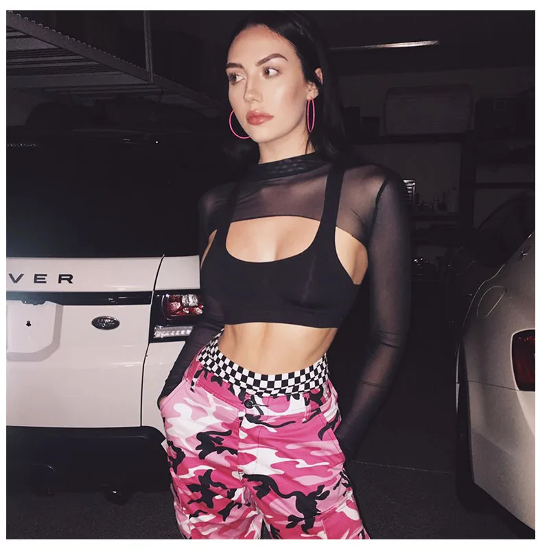 Sexy Women Crop Top Mesh Sleeve T-Shirt Sexy Tops Hollow Out Transparent Tops Ladies T Shirt Black Top Casual T-shirt744_voghion.com