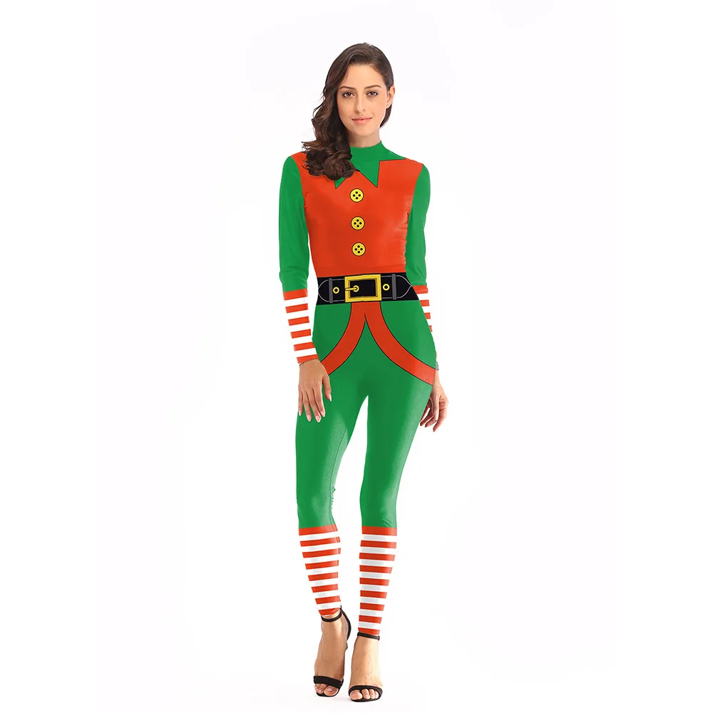 

Women Christmas Xmas New Years Festival 3D Print Jumpsuit Tight Bodysuit Halloween Party Cosplay Costumes Dress Up Outfit