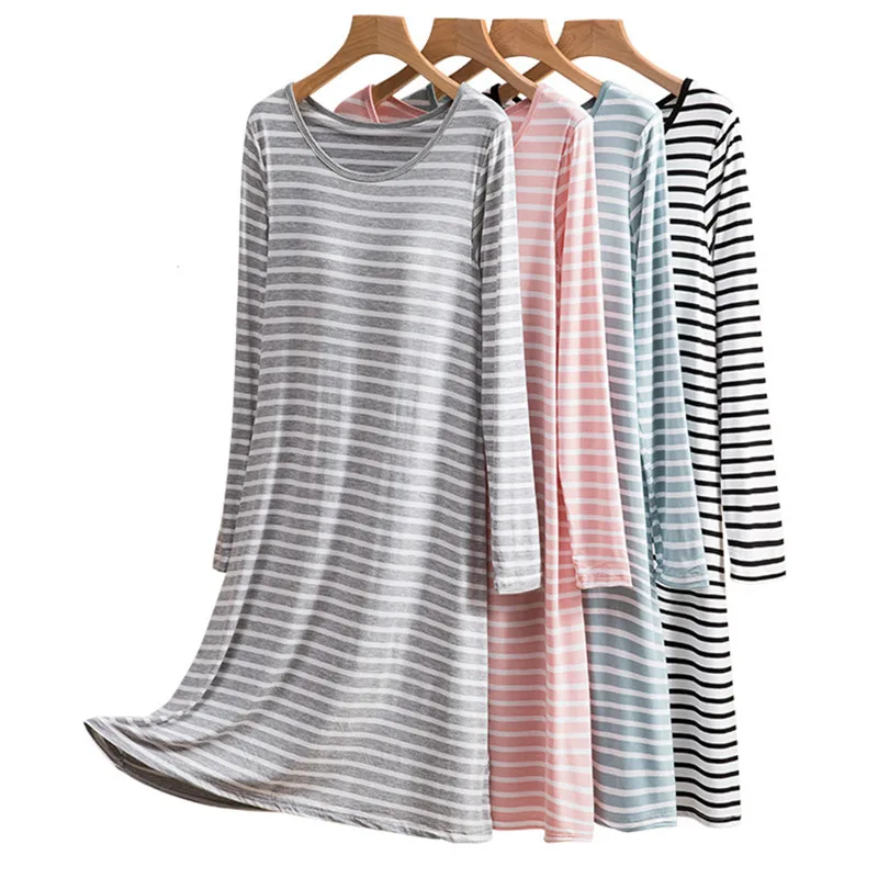 Long Sleeve Nightdress Women Spring Autumn Chest Pad Nightgowns Female Loose Striped Modal Night Shirt New Home Clothing plus size women nightgowns soft modal long nightdress female nightwear women loose elastic sleepwear nighty sleepshirts 140kg