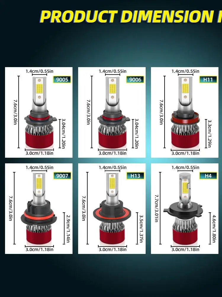 2x 자동차 헤드라이트 H4 H7 H1 LED H8 H9 H11 HB3 HB4 9005 9006 9007 9008 H13 6000K 자동차 안개등 200W 50000LM 12V LED 터보 전구