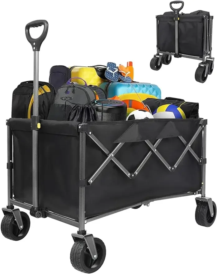 200L Collapsible Foldable Wagon with 420lbs Weight Capacity, Heavy Duty Folding Utility Garden Cart with Big All-Terrain Beach