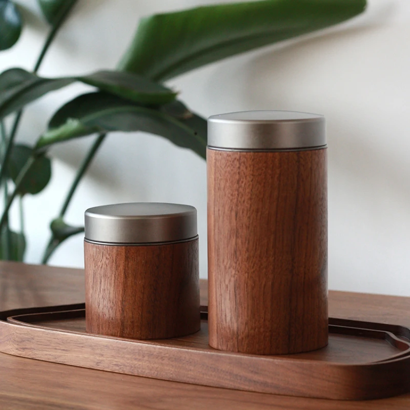 

Sansi Workshop New Chinese Style Black Walnut Small Tea Jar High-End Mini Tea Warehouse Aluminium Alloy Cover Sealed Jar