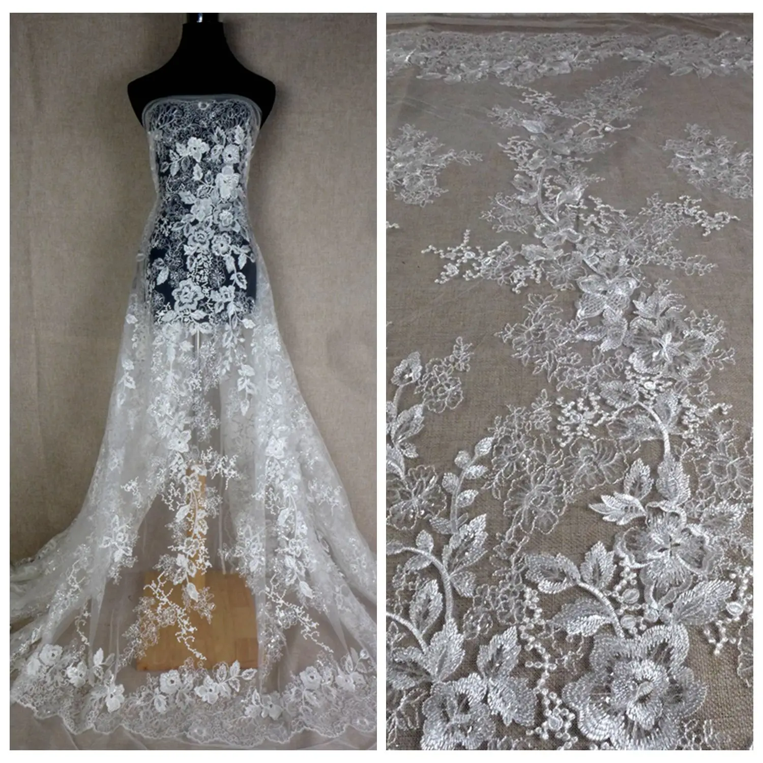 

Illusion Leaf Embroidered Lace Fabric Ivory Leaf flower tulle fabric Wedding Dress Fabric Dress Veil Bridal Lace 1 yard