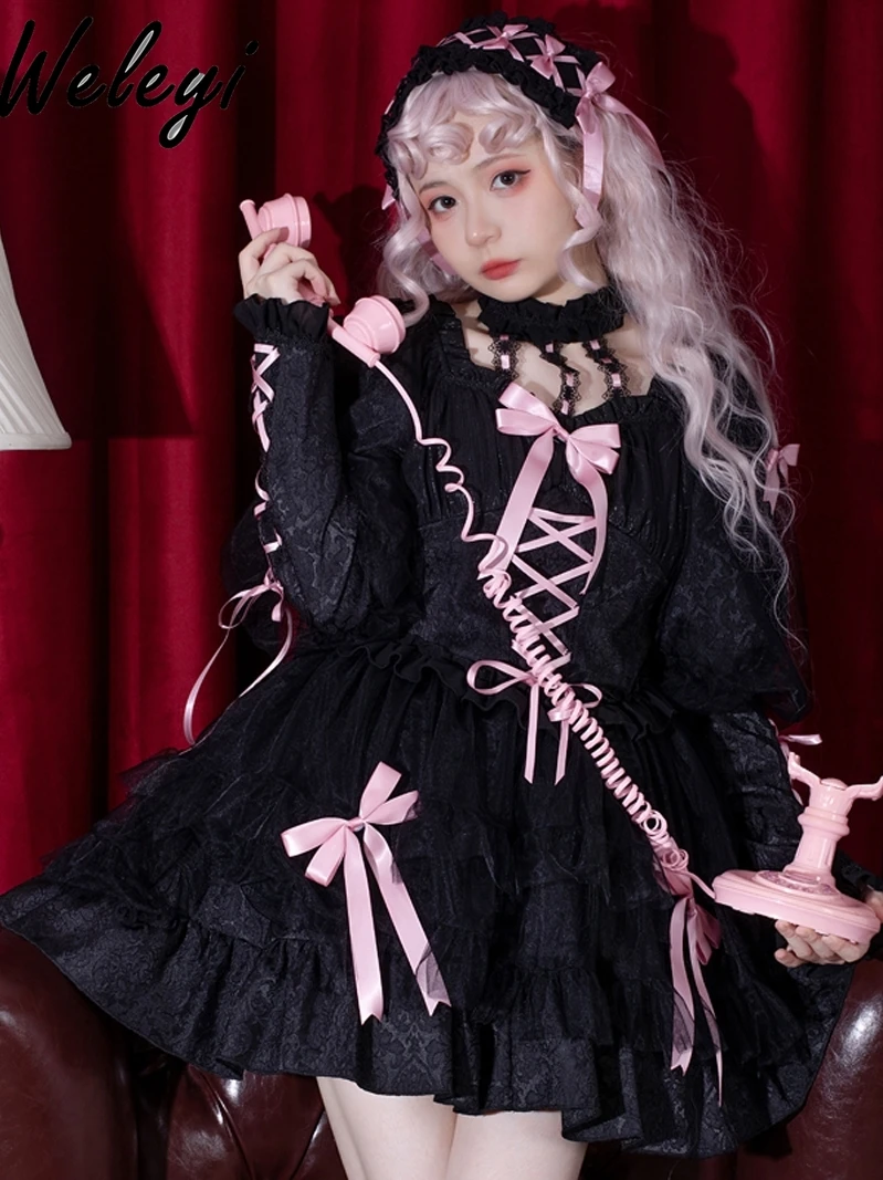 

Jirai Kei Lolita Dress Womens Summer Sweet Bow for Ruffled Jacquard Sweet Cool Hot Girl Dark Gothic Rojita Word Princess Dresses