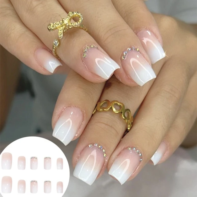 Pink White Gradient Fake Nails Rhinestone Wearable French Nail Tips Medium  Length False Nails Full Cover Press on Nails Manicure - AliExpress