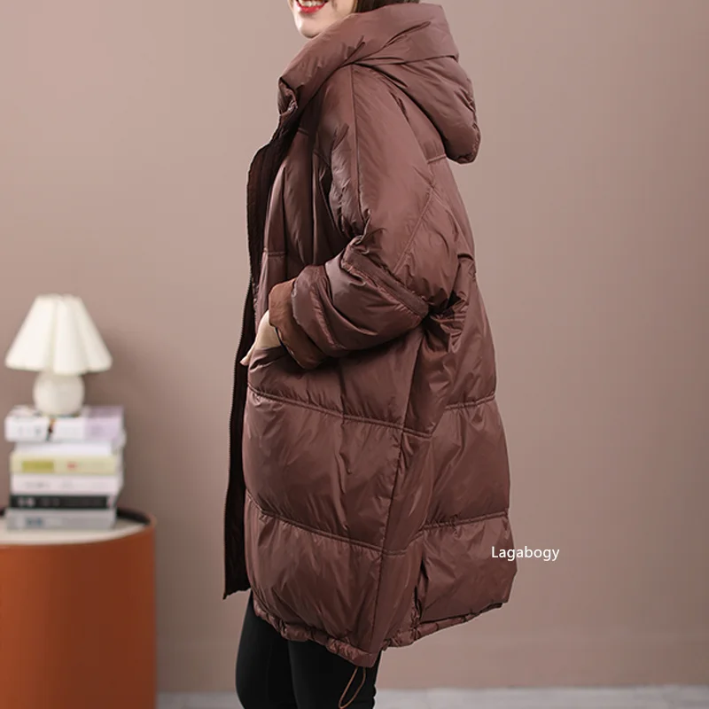 Lagabogy 2024 New Winter Women White Duck Down Loose Jacket With Hood Female Thick Warm Outwear Casual Over Size Patchwork Coats 6