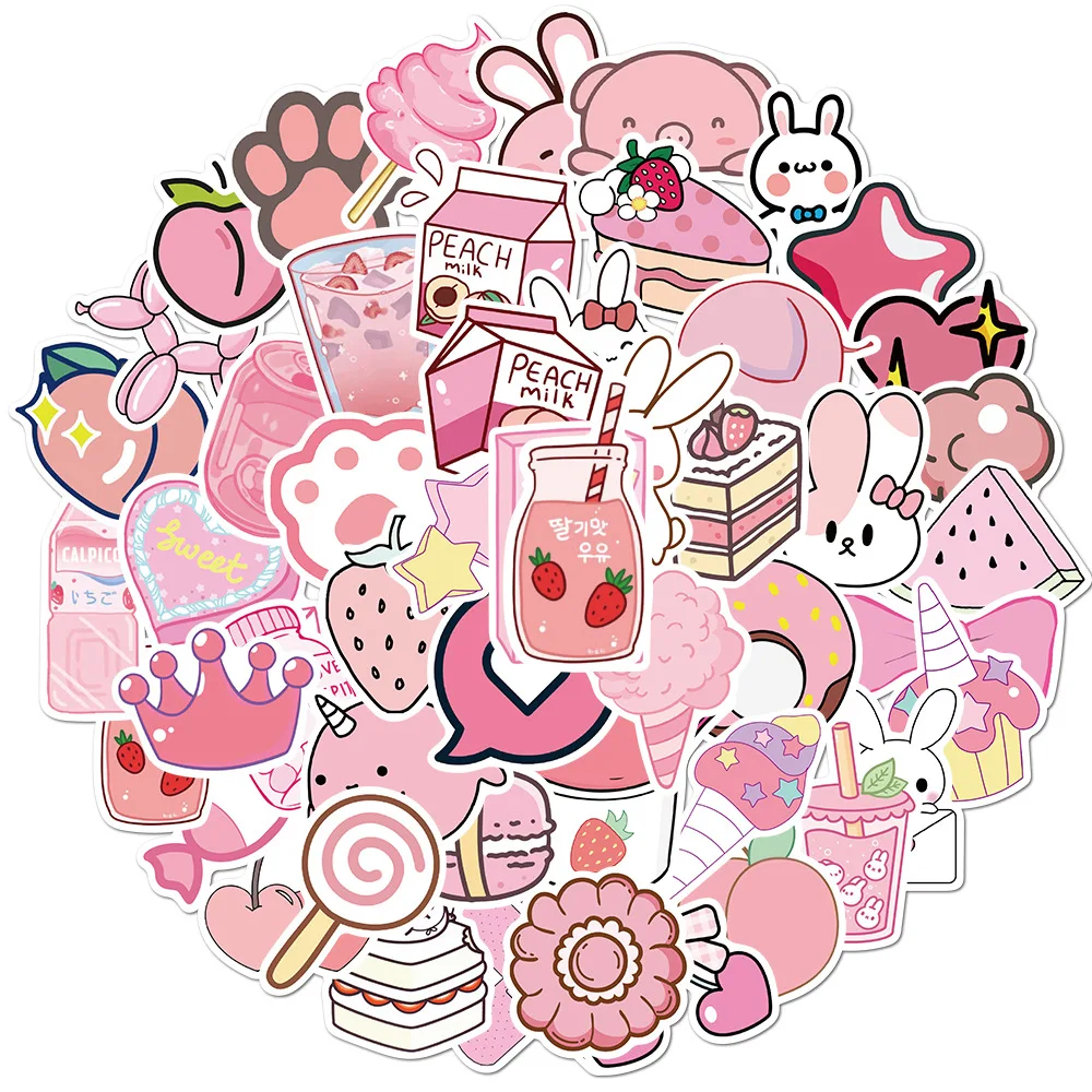 

50pcs Cartoon Pink Girl Graffiti Stickers Milk Cake Candy Small Animals Luggage Guitar Skateboard Waterproof Sticker