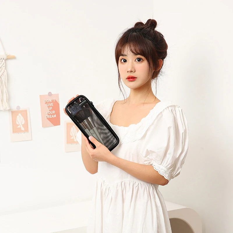 여성용 메쉬 메이크업 가방, 블랙 메쉬 지퍼 파우치, 사무실 여행 보관 가방, 세면 용품 가방, 메이크업 파우치