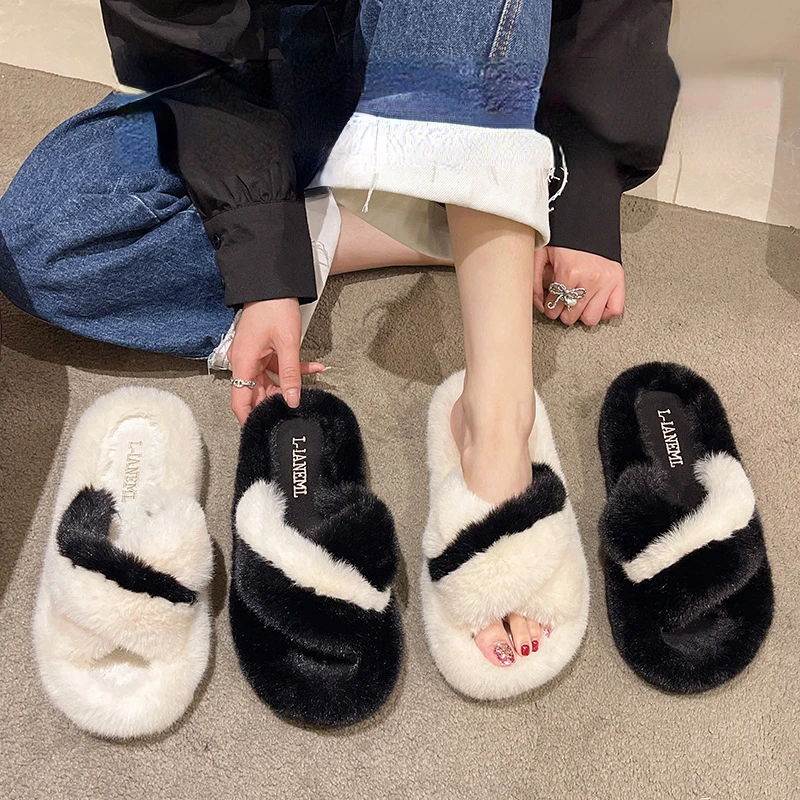 

Fashion Black and White Panda New Plush Shoes Warm Fluffy Slippers Mixed Color Indoor Comfortable Women's Slippers Zapatos Mujer