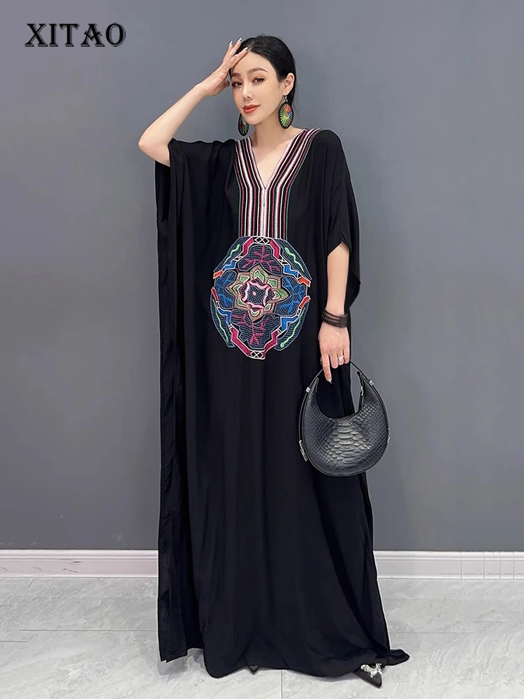 

XITAO Embroidery Striped Batwing Sleeve Dresses V-neck Patchwork Loose Floor-length Fashion Dress 2024 Summer Casual New ZY8773