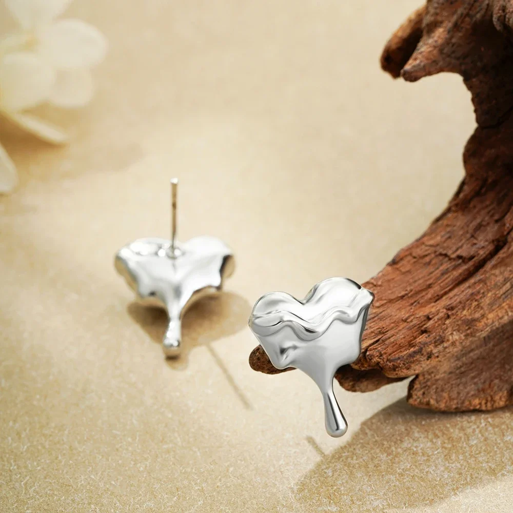 Polished Lava Textured Heart Dripping Droplet Mini Ear Studs Quality Gold Plated Geometric Non Tarnish Earrings Chic Jewelry New