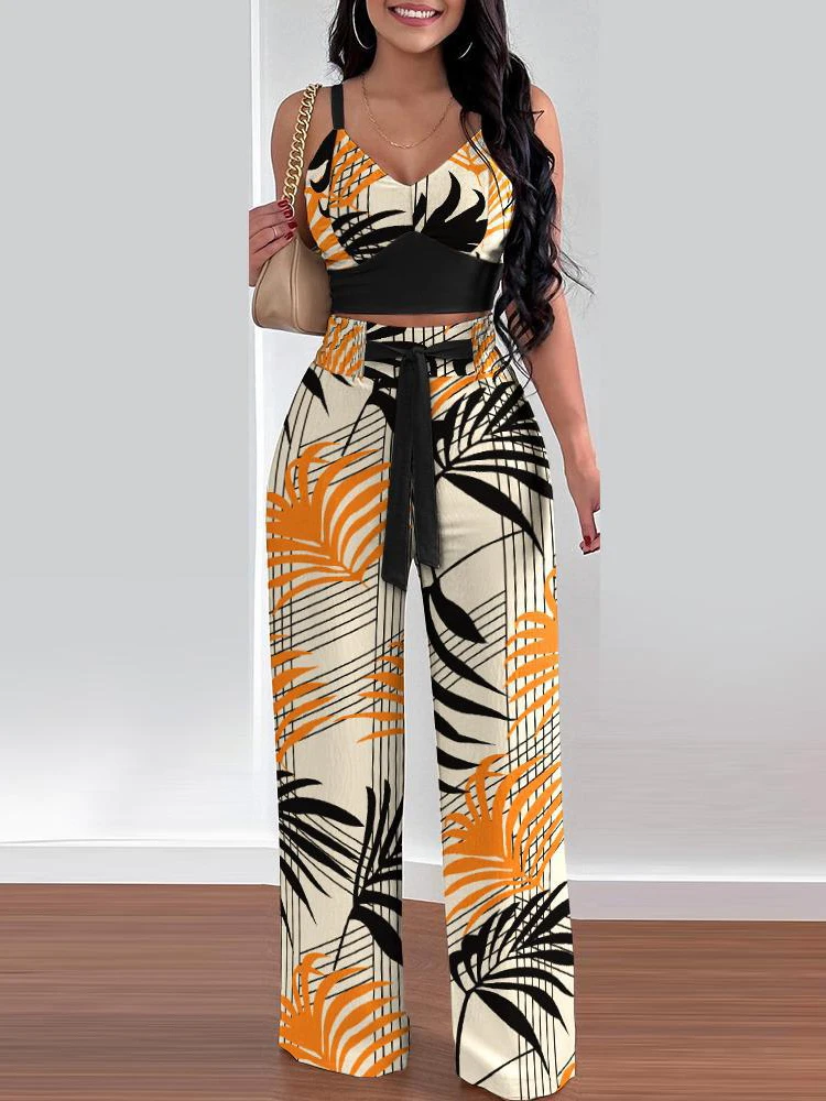 

Summer Elegant Print Two Piece Set Women Sexy V Neck Spaghetti Strap Top + Pocket Long Pants Suit Female Casual 2 Piece Sets