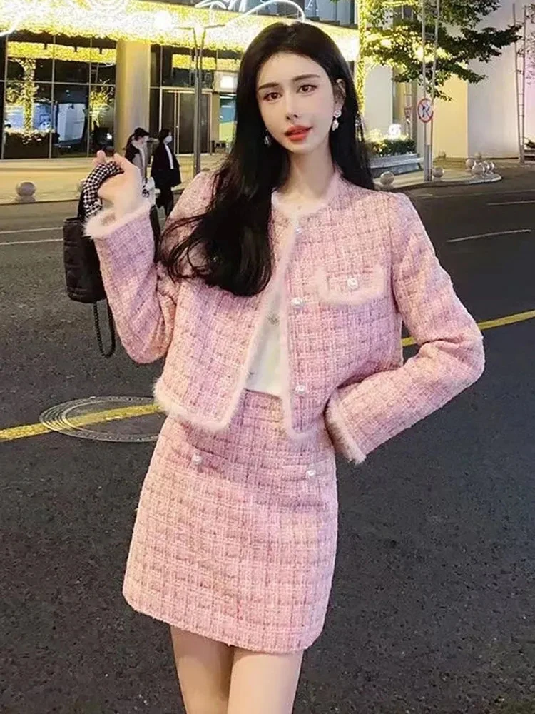 Y2k Tweed Skirt 2 Piece Set Korean Single Breasted Wool
