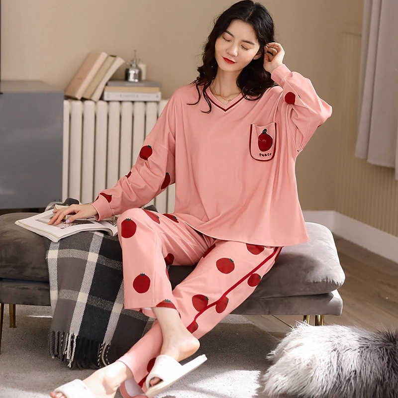 cute pj sets 100% Cotton Long Sleeve V-neck Pajama Sets for Women 2020 Autumn Winter Sleepwear Suit Pyjama Homewear Pijama Mujer Home Clothes cute pajamas for women