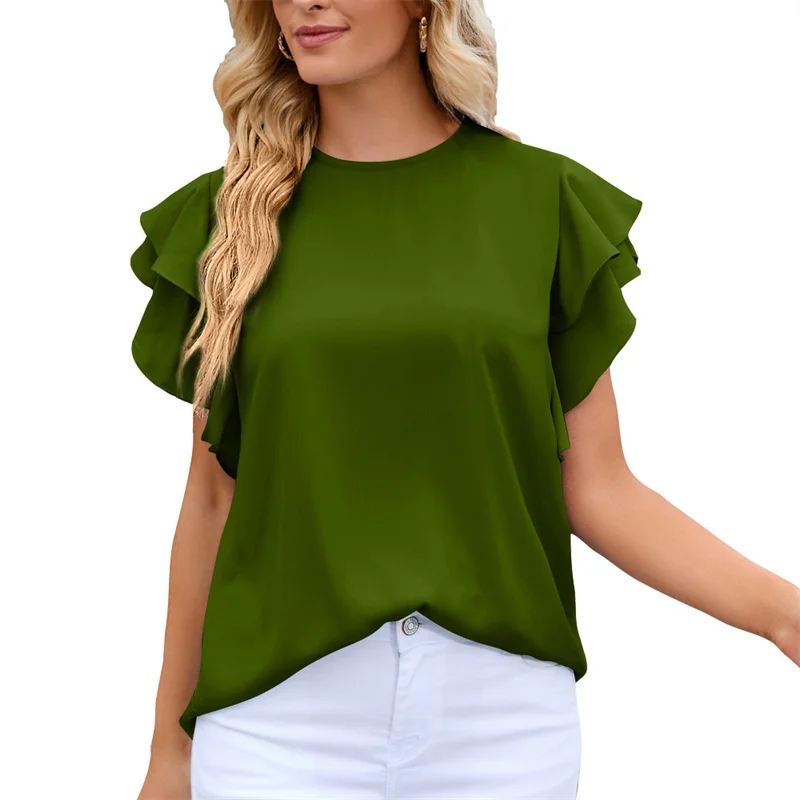 Summer Sweet Style Ruffle Short Sleeve Chiffon Tops Ladies Elegant Women's Casual Loose O Neck Shirt Solid Color Splicing Blouse