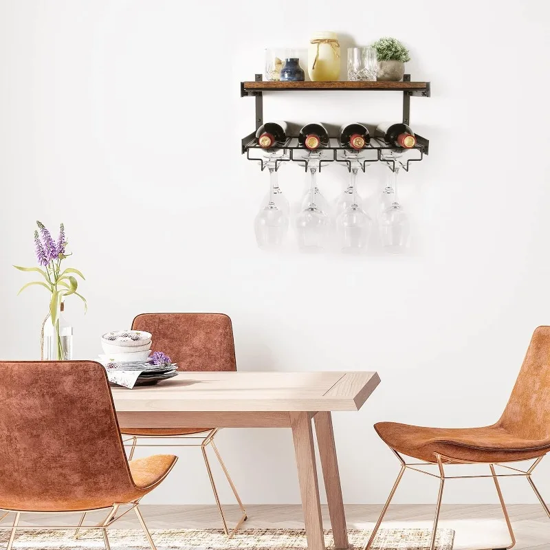 Wine Rack Wall Mounted with Stemware Rack, Glass Rack Wall Mounted,Industrial Wine Glass