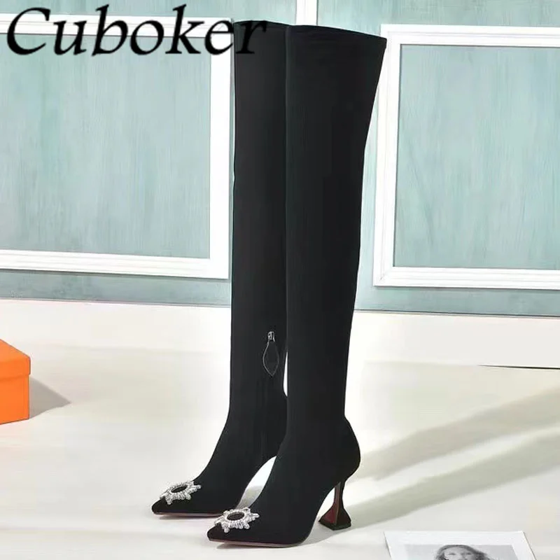 

2023 Spring Runway Crystal Sunflower Women Long Boots Over The Knee Boots Satin High Heels Popular Long Boots T-Show Women Shoes