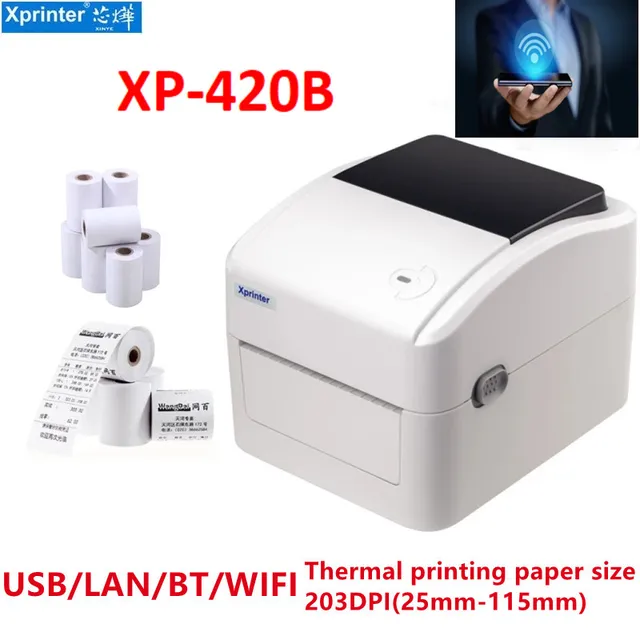 Принтер штрих-кодов Xprinter 420B, от 25 мм до 115 мм, модный простой Термопринтер для печати штрих-кодов, 4 дюйма, USB LAN BT WIFI, 152 мм/секция 1