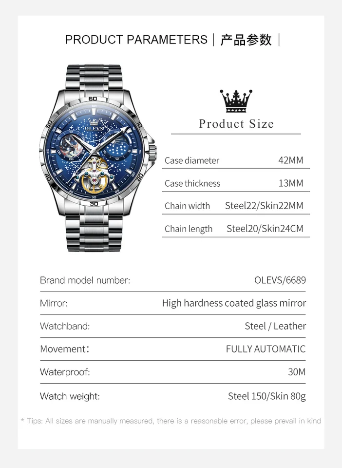 OLEVS Orologi da uomo Orologio meccanico automatico Tourbillon Orologio sportivo Orologio da polso retrò da lavoro casual in pelle Relojes Hombre  1511