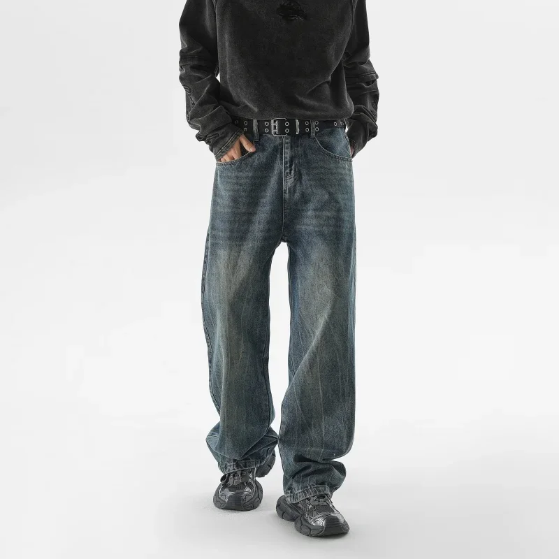 Vintage Nostalgia Wide Legs Jeans Men's Street Casual Washed Baggy Trousers Black Blue Distressed Straight Denim Male Pants