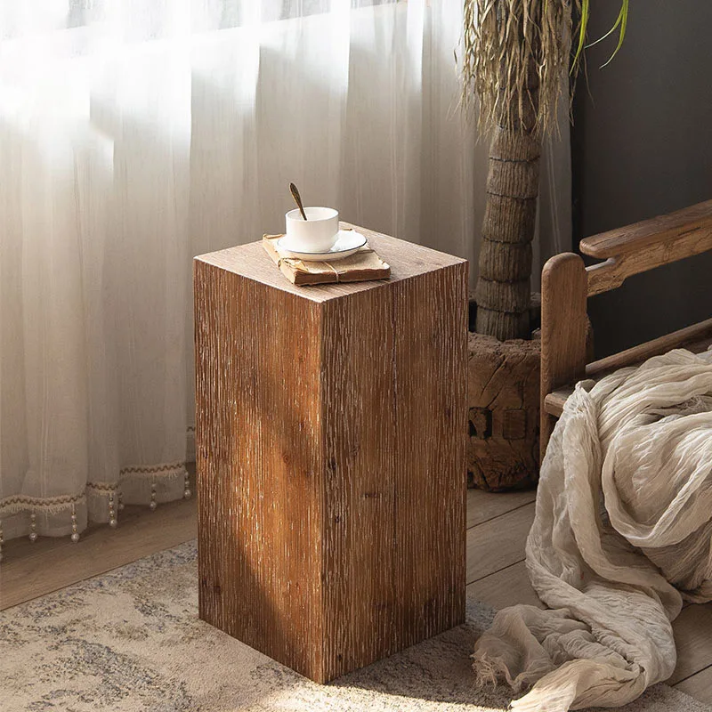 Retro Living Room Sofa Corner Table Solid Wood Small Square Table Wabi-sabi Style Coffee Wooden Pier Ornaments