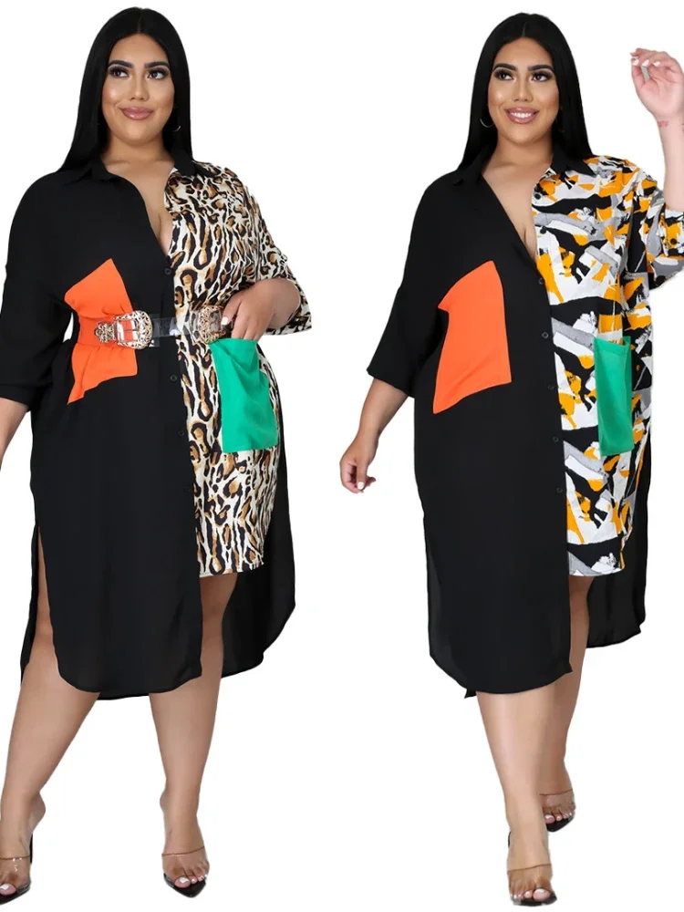 

2023 Sexy Women's Large Featured Shirt Leopard Pattern Patched Pocket Large Dress vestidos elegantes para mujer