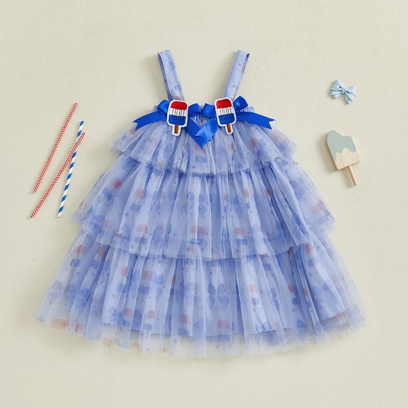 Toddler Girl Independence Day Patriotic Stars and Stripes Sleeveless Tulle Dress Red White Blue American Flag Print A Line Dress 2