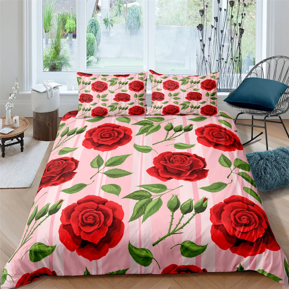 

Red Rose King Queen Duvet Cover Beautiful Flowers Bedding Set for Kids Girls Women Romantic Floral 2/3pcs Polyester Quilt Cover