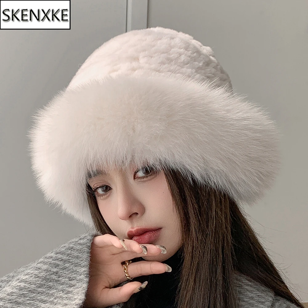 Women's Real Fur Hat - Rex Rabbit & Silver Fox Flower Cap, Elastic Winter Warm Hat (Fits Up To 60cm) - View #5