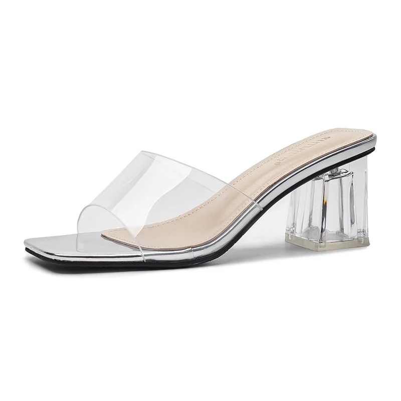 Trendy New Summer Women Sandals Sexy Transparent Crystal Heel Slippers Shoes Woman High Heels Square Toe Lady Pumps Mules