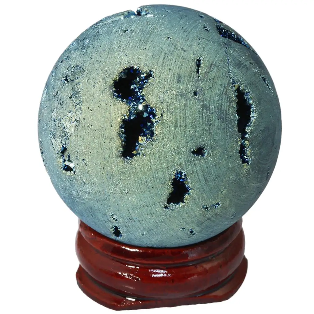 Druzy Agate Geode Specimen Figurines Rainbow Titanium Coated Quartz Crystal Sphere Ball with Wood Stand
