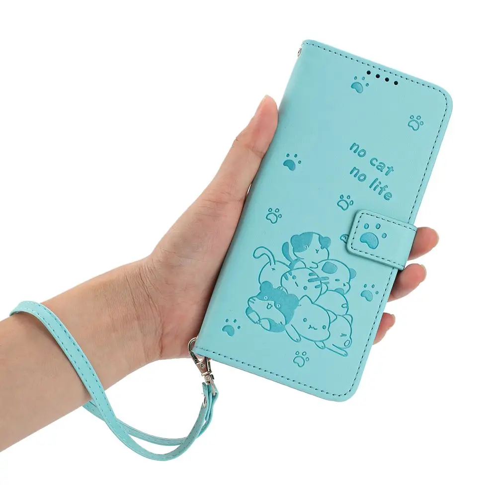 3D Cat Wallet Flip Cover with Strap - Leather Phone Case