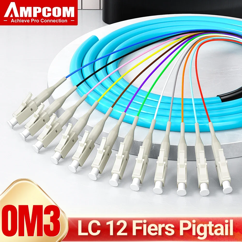 AMPCOM Fiber Optic Pigtail Assemblies, 12 Fibers LC OM3 Multi Mode 50/125&mu;m LSZH UPC Pigtails for Fusion Splice Tray 1.5m