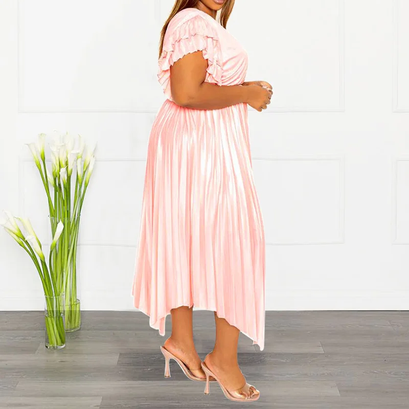 Spring Summer Elegant Plus Size Clothes Fashion Deep V-Neck Solid Color Splicing Ruffles 3/4 Sleeve Pleated Midi Long Dresses