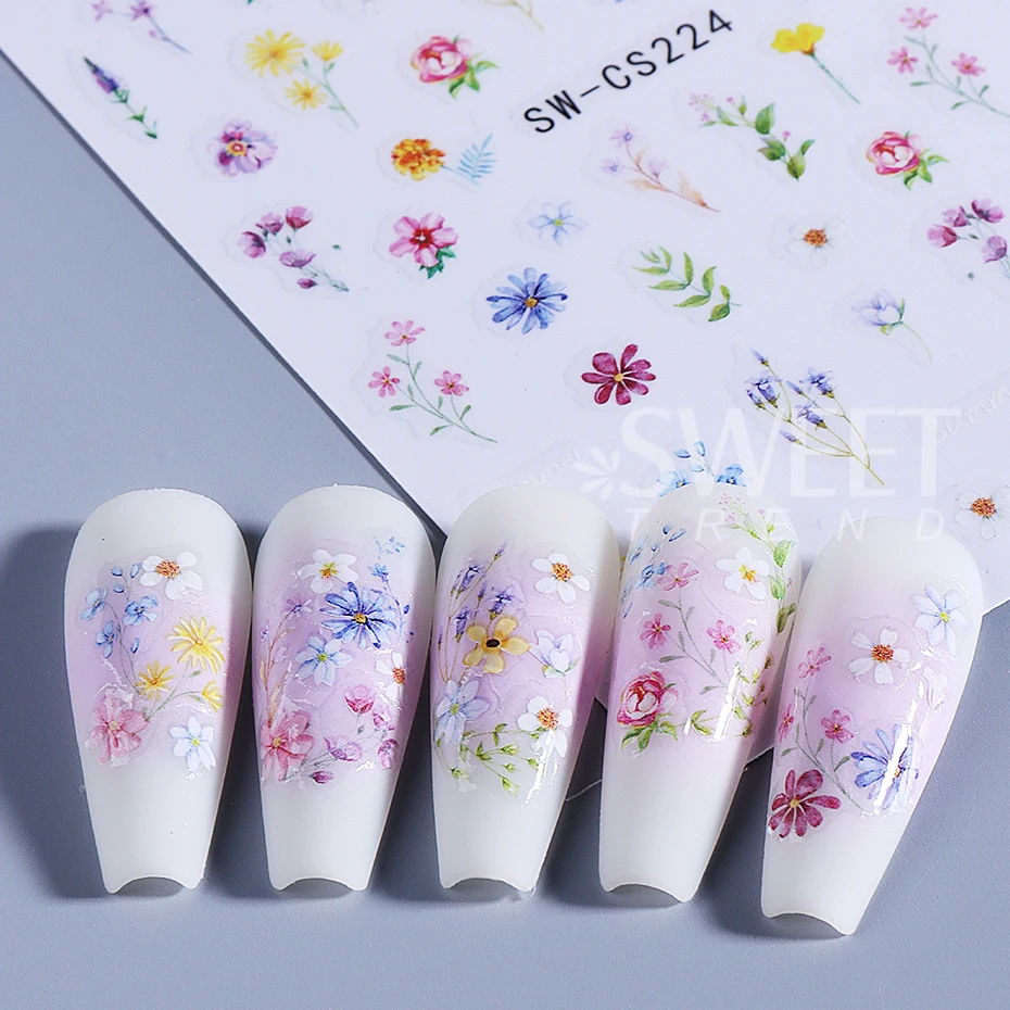 4pcs Flower Nail Art Stickers Charm Simple Rose Daisy Petals Florals Leaf DIY 3D Self-Adhesive Slider Decals Manicure Decoration