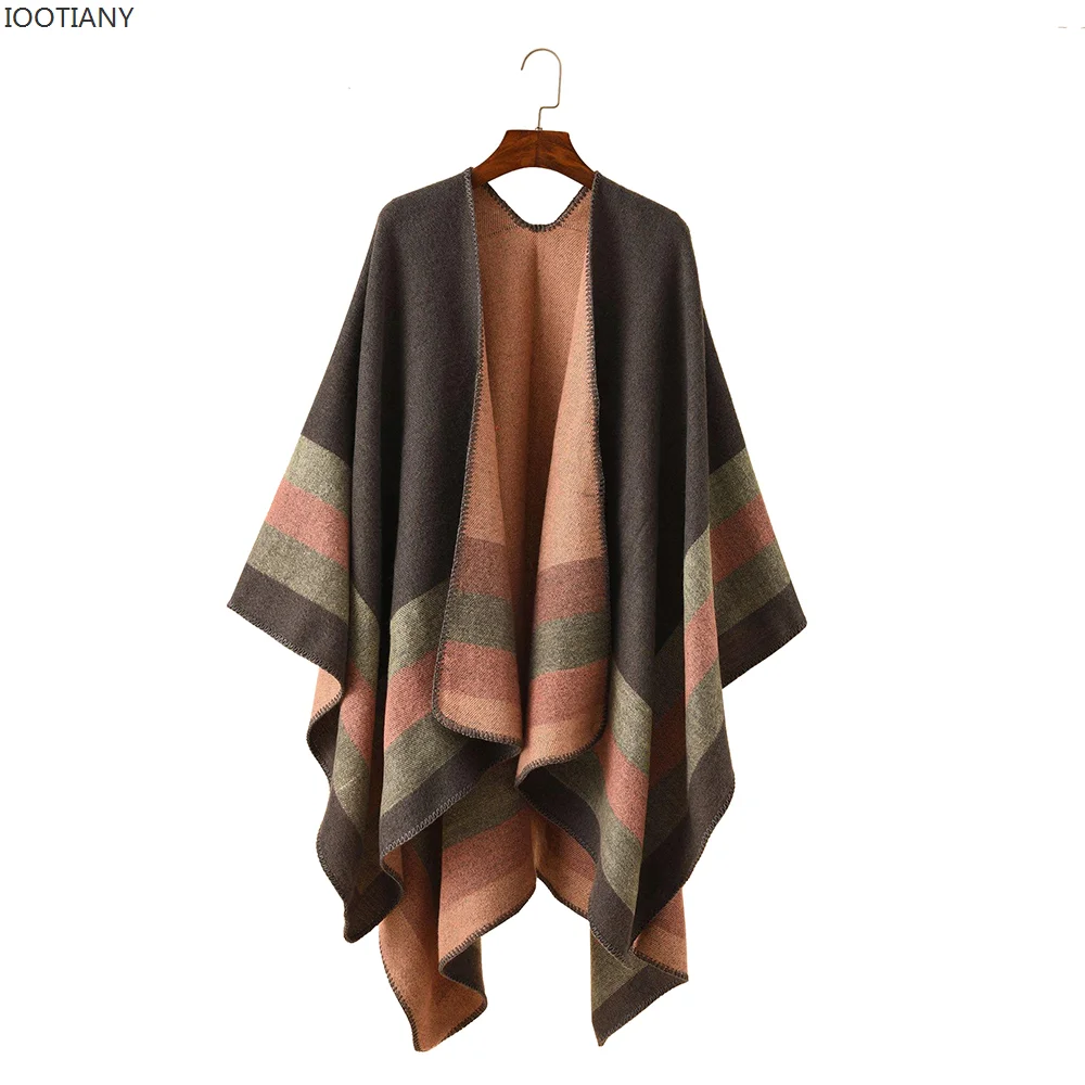 

New Autumn And Winter Reversible Colour Block Plaid Outerwear Casual Long Matching Stole Warm Imitation Cashmere Large Shawl