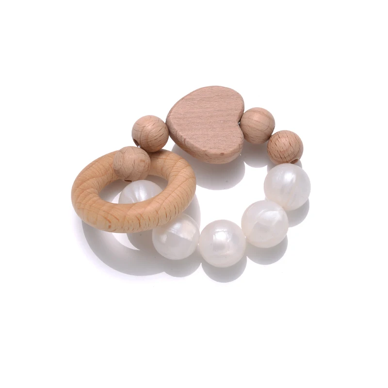  Teether 팔찌 실리콘 라운드 비즈 딸랑이 심장 모양 너도밤 나무 반지,  간호 장난감 젖니 공예 반지, 1 개