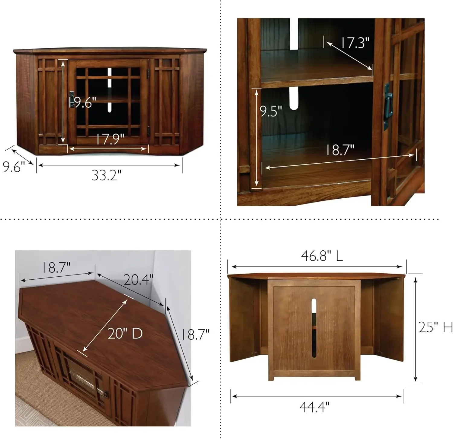 NEW-82285 Mission Corner TV Stand Made from Solid Wood, One Door and Adjustable Shelf, for 50" TVs, Mission Oak